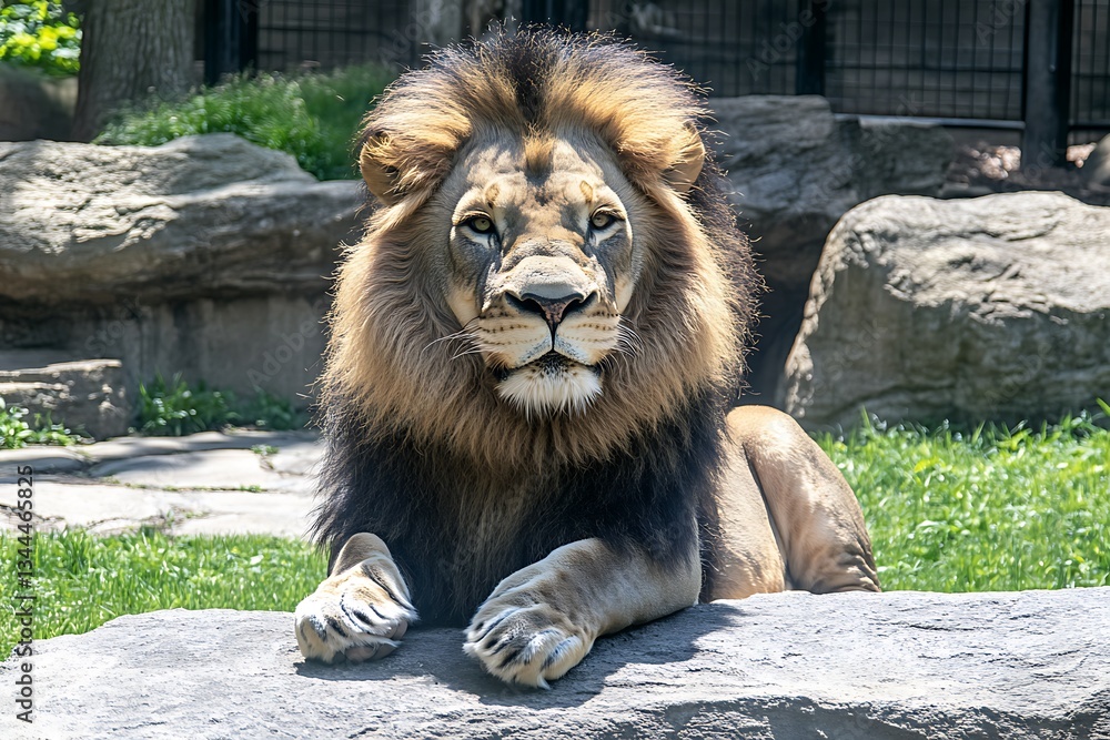 Naklejka premium Majestic Lion Resting Zoo Enclosure.