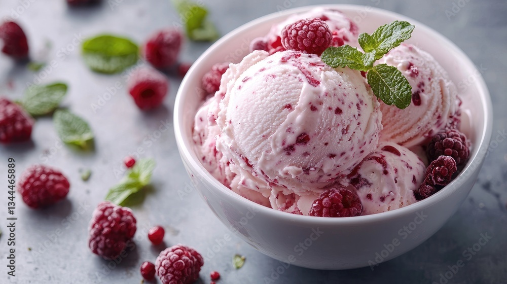 Creamy raspberry ice cream served in a bowl with fresh mint leaves and berries Creamy raspberry ice cream served in a bowl with fresh mint leaves and berries