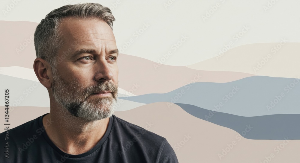 Fototapeta premium Thoughtful Man with Beard Posing with Calm Expression, Perfect for Lifestyle and Mental Well-being Themes