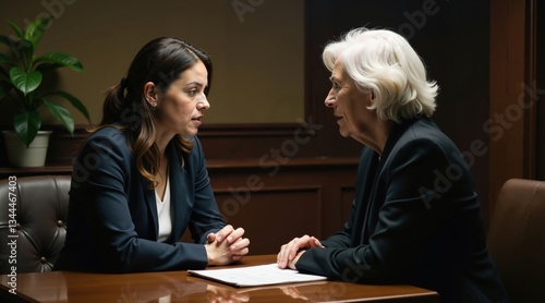 Female Lawyer Interviewing Witness at Office Desk, Professional Consultation, Business Attire, Legal Advisor Meeting.