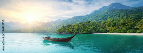 Serene Tropical Landscape with Boat at Dawn in Calm Waters