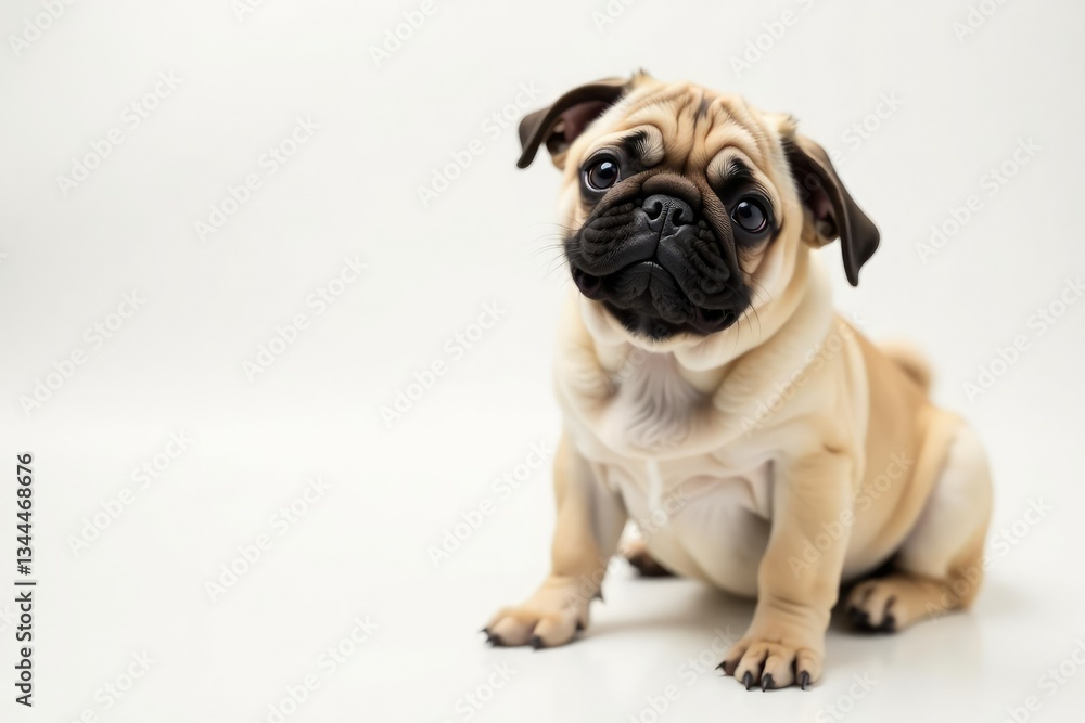 Playful pug looking directly at camera, pure white backdrop, isolated, brown Playful pug looking directly at camera, pure white backdrop, isolated, brown