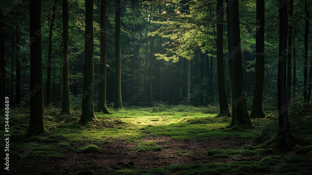 Obraz premium Serene Forest Landscape with Sunlight Streaming Through Lush Green Canopy and Mossy Ground in Tranquil Environment