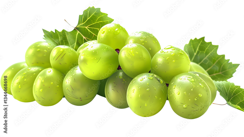Obraz premium Fresh Green Grapes with Water Drops and Leaves Isolated on Background