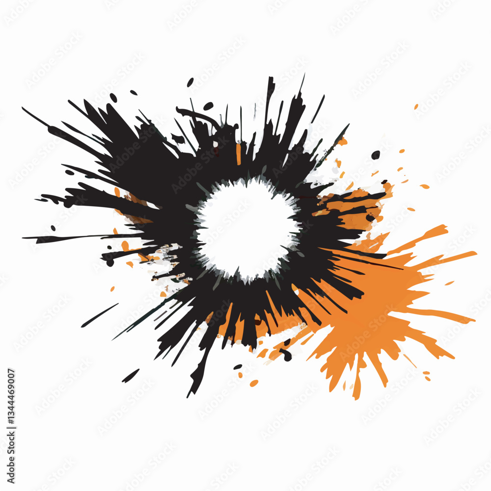 Dynamic black and orange paint explosion with a splatter effect on a white background. Dynamic black and orange paint explosion with a splatter effect on a white background.