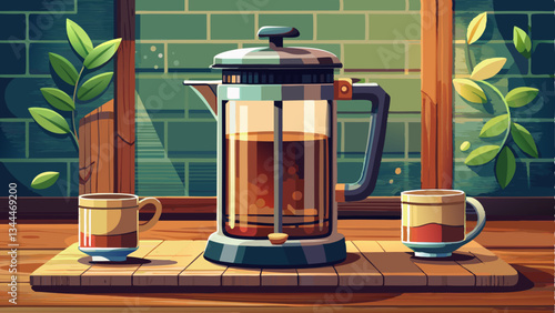 vintage French press with freshly brewed coffee, placed on a rustic wooden counter