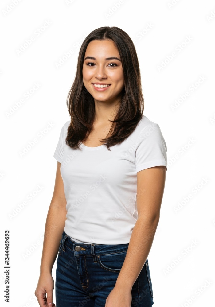 Fototapeta premium Portrait of a young woman smiling confidently in casual white t-shirt against a white background, ideal for lifestyle and fashion content.