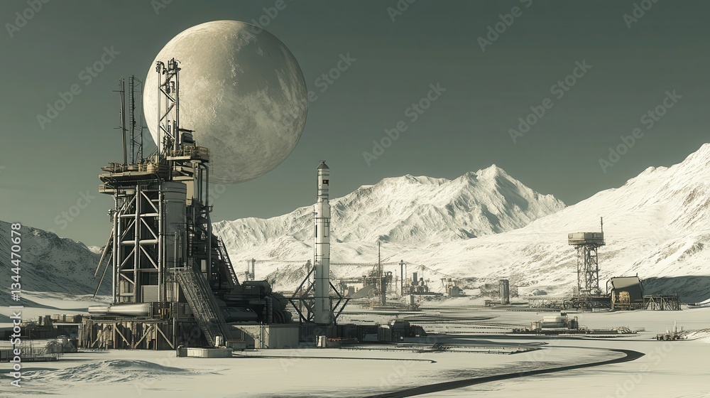 Obraz premium An industrial complex exists on a frozen planet with mountains and moon
