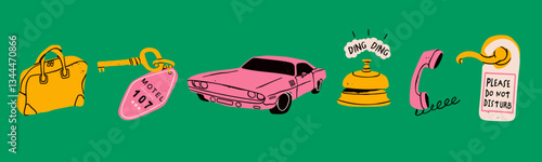 Motel, hotel items set. Various isolated objects. Phone, ring bell, key, suitcase, car, don't disturb room sign. Hand drawn Vector illustration. Hostel, tourist service, hospitality, vacation concept
