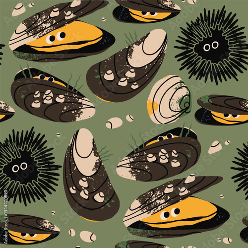 Sea Mussels, clam, shellfish, urchin. Cartoon style cute characters with eyes. Hand drawn trendy Vector illustration. Sea or ocean creature, natural fresh seafood concept. Square seamless Pattern
