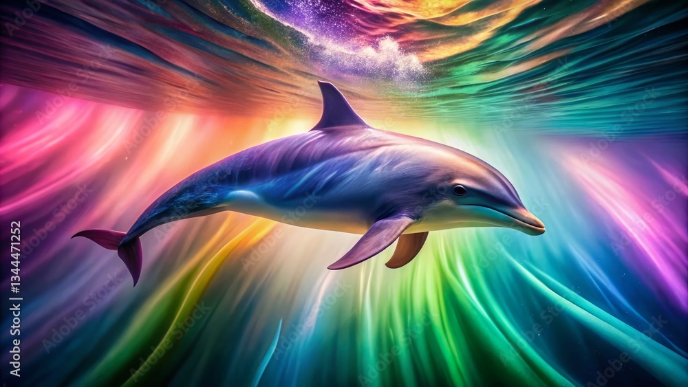Obraz premium Vibrant Dolphin Long Exposure, Swirling Colors Underwater, Ocean Life
