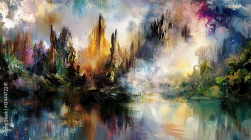Wallpaper Mural Abstract landscape painting depicting mountains reflected in still water Torontodigital.ca
