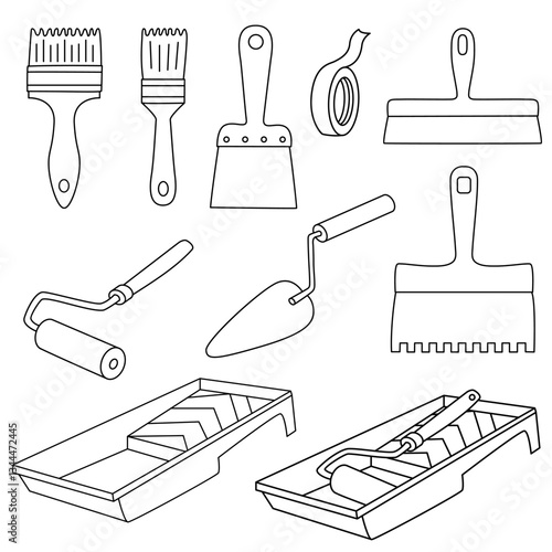 Hand drawn doodle illustration set of various painting and plastering tools, including paintbrushes, rollers, trays, scrapers, trowels, and masking tape.