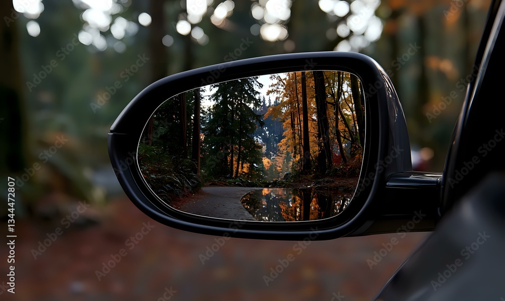 Forest road reflection in car side mirror during golden sunset hour, pine trees and sunlight creating atmospheric outdoor scene through rearview mirror. Forest road reflection in car side mirror during golden sunset hour, pine trees and sunlight creating atmospheric outdoor scene through rearview mirror.