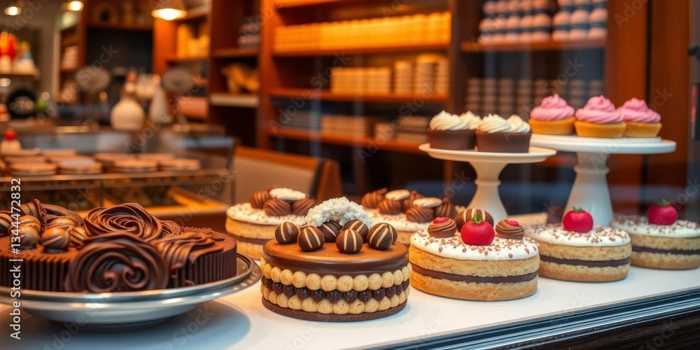 Elegant chocolate & marzipan pastries displayed in bakery window, still life, rich Elegant chocolate & marzipan pastries displayed in bakery window, still life, rich