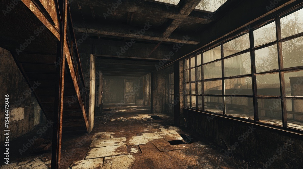 Dilapidated factory hall with crumbling walls and rusting infrastructure revealing decay Dilapidated factory hall with crumbling walls and rusting infrastructure revealing decay