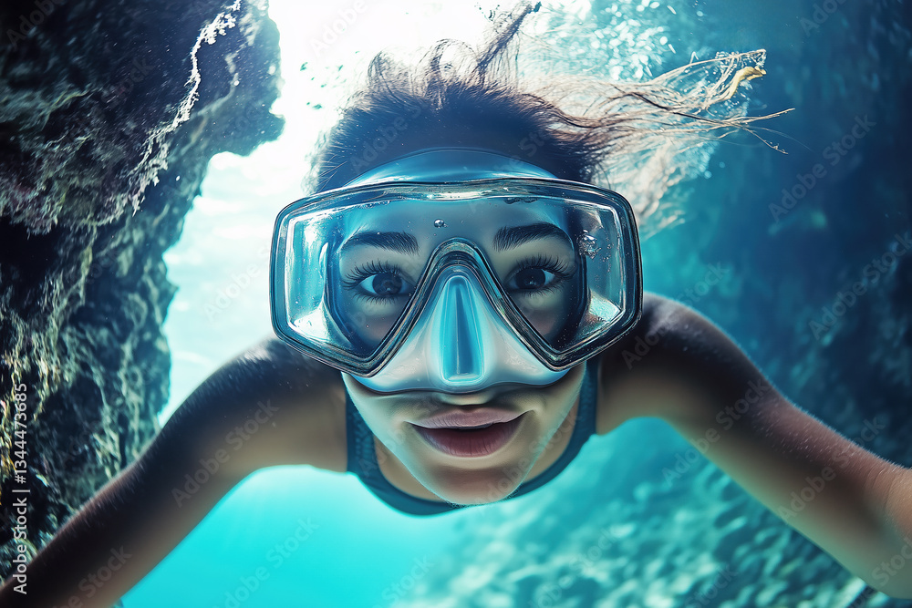 Naklejka premium Girl in snorkeling mask dives into an underwater cave