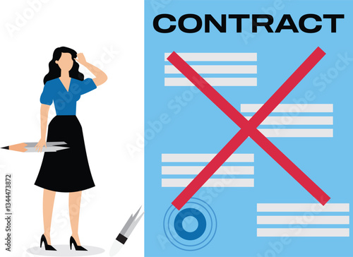 Contract cancellation or agreement terminated angry businesswoman holding big broken pencil in his hands