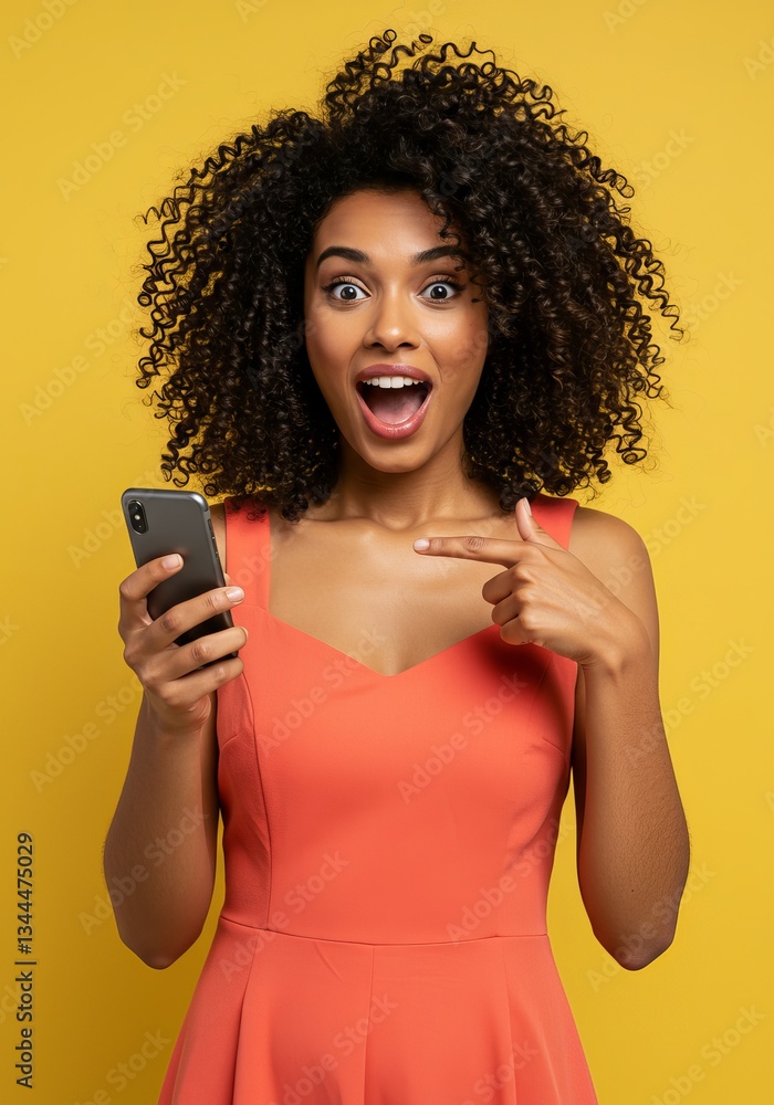 Amazed Woman Looking at Smartphone, Surprised Expression, Mobile Phone, Technology, Joyful Reaction Amazed Woman Looking at Smartphone, Surprised Expression, Mobile Phone, Technology, Joyful Reaction
