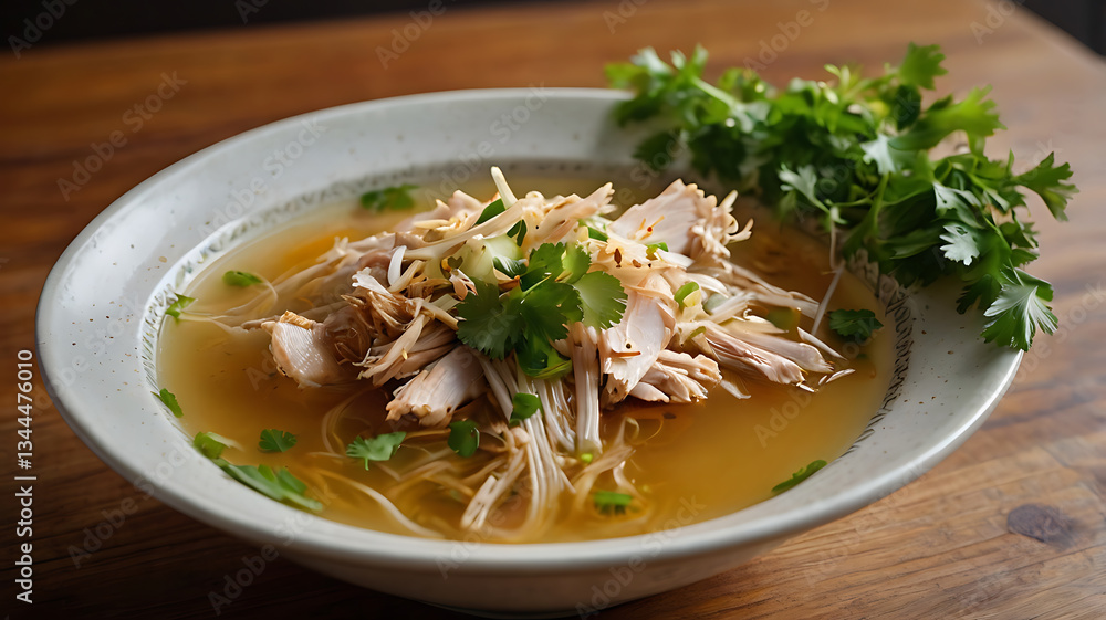 Chicken Noodle Soup with Cilantro and Bean Sprouts on Wooden Table Chicken Noodle Soup with Cilantro and Bean Sprouts on Wooden Table