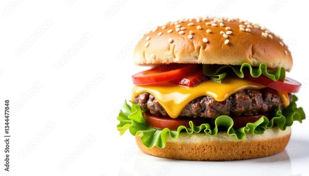 Close-up of burger on white background, isolated, junk food, greasy, burger Close-up of burger on white background, isolated, junk food, greasy, burger
