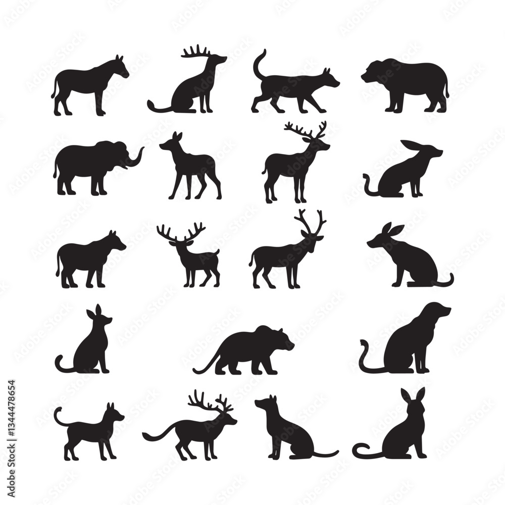 Fototapeta premium This image showcases a mix of wild animals, including bears, deer, and birds, silhouetted against a light background. It brings out the essence of diverse wildlife coexisting in harmony