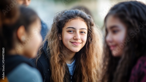 Candid Portrait of a Joyful Young Girl Smiling Amidst Friends During Outdoor Social Gathering