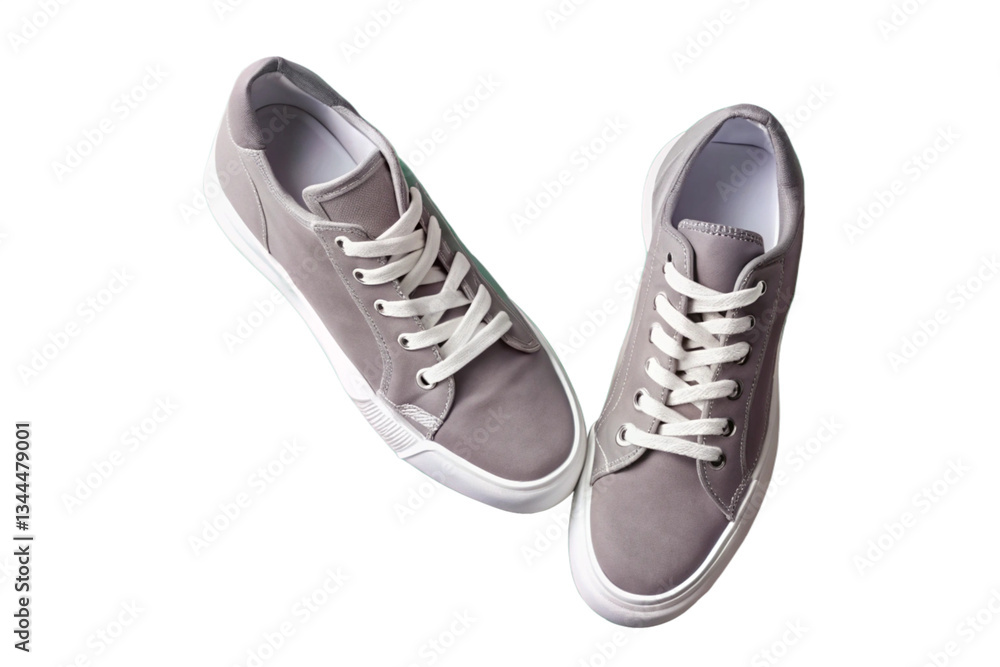 Pair of Gray Canvas Sneakers with White Laces and White Soles on Black Background Pair of Gray Canvas Sneakers with White Laces and White Soles on Black Background