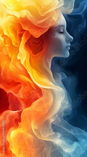 Elemental Harmony: A captivating portrait of a woman is presented in a mesmerizing fusion of warm fire tones and cool water hues, creating a vibrant spectacle of nature's elements.