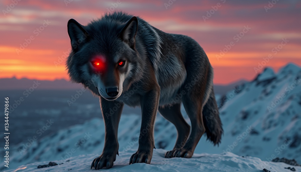 Naklejka premium German shepherd wolf in the snow sitting in a cold winter landscape