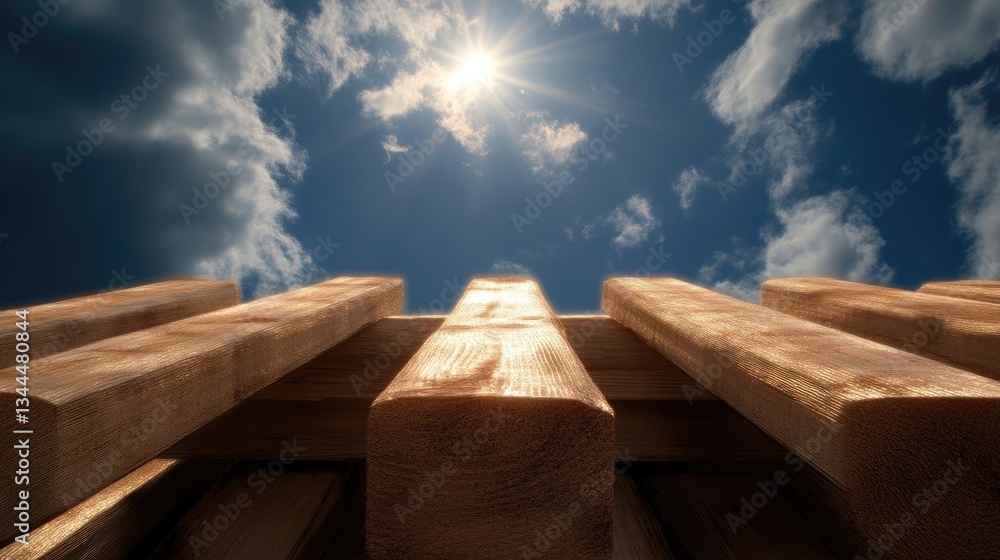 Wooden fence against a vibrant blue sky with sun Wooden fence against a vibrant blue sky with sun