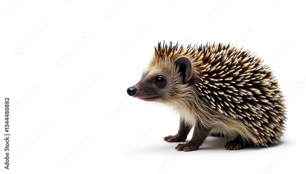 Fototapeta premium A lone hedgehog, facing right, set against pure white , wildlife, isolated