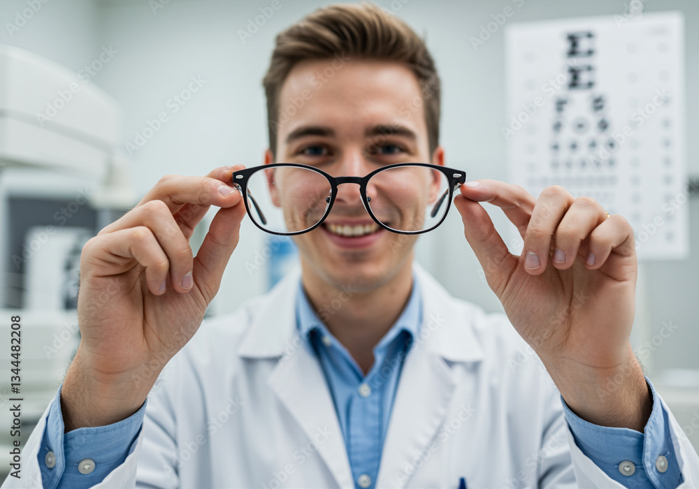 Optician holding glasses in front of eye chart in doctor's office for eye exam and vision care Optician holding glasses in front of eye chart in doctor's office for eye exam and vision care
