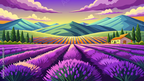 Lush lavender field in full bloom under a bright cloudless summer sky The vivid purple flowers stretch out as far as the eye can see creating a serene and picturesque rural landscape