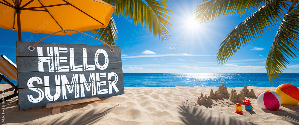 Fototapeta premium Beach scene with wooden sign saying 