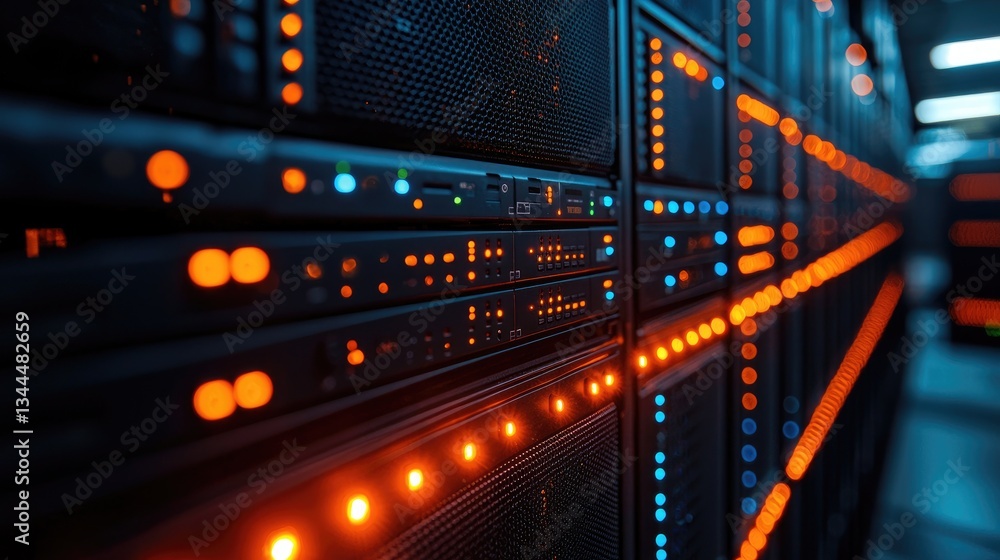 Close-up of illuminated server racks in a data center with blue and orange lights Close-up of illuminated server racks in a data center with blue and orange lights