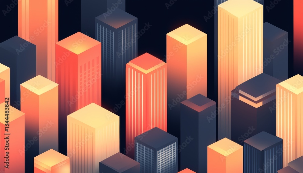 A vibrant, stylized cityscape featuring a variety of geometric skyscrapers in warm shades of orange, red, and black against a dark background. A vibrant, stylized cityscape featuring a variety of geometric skyscrapers in warm shades of orange, red, and black against a dark background.