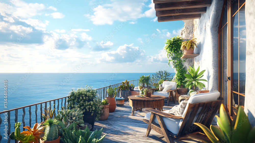 Fototapeta premium Relaxing Seaside Balcony with Comfortable Lounge and Beautiful Ocean View