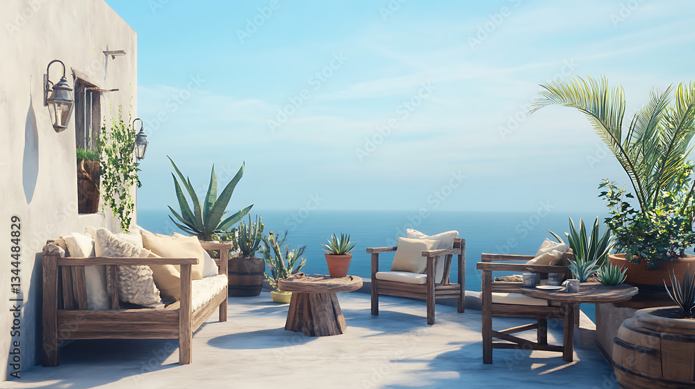Fototapeta premium Relaxing Seaside Balcony with Comfortable Lounge and Beautiful Ocean View