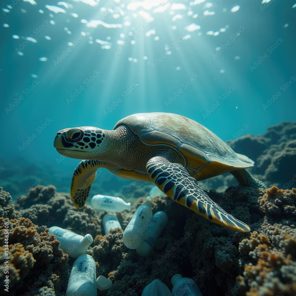 Obraz premium A turtle glides through a vibrant coral reef, capturing the beauty of underwater life. Surrounding it are plastic bottles, highlighting the issue of ocean pollution.