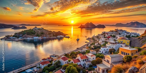 Vibrant Sunset Coastal Town Islands - Idyllic Ocean View Landscape