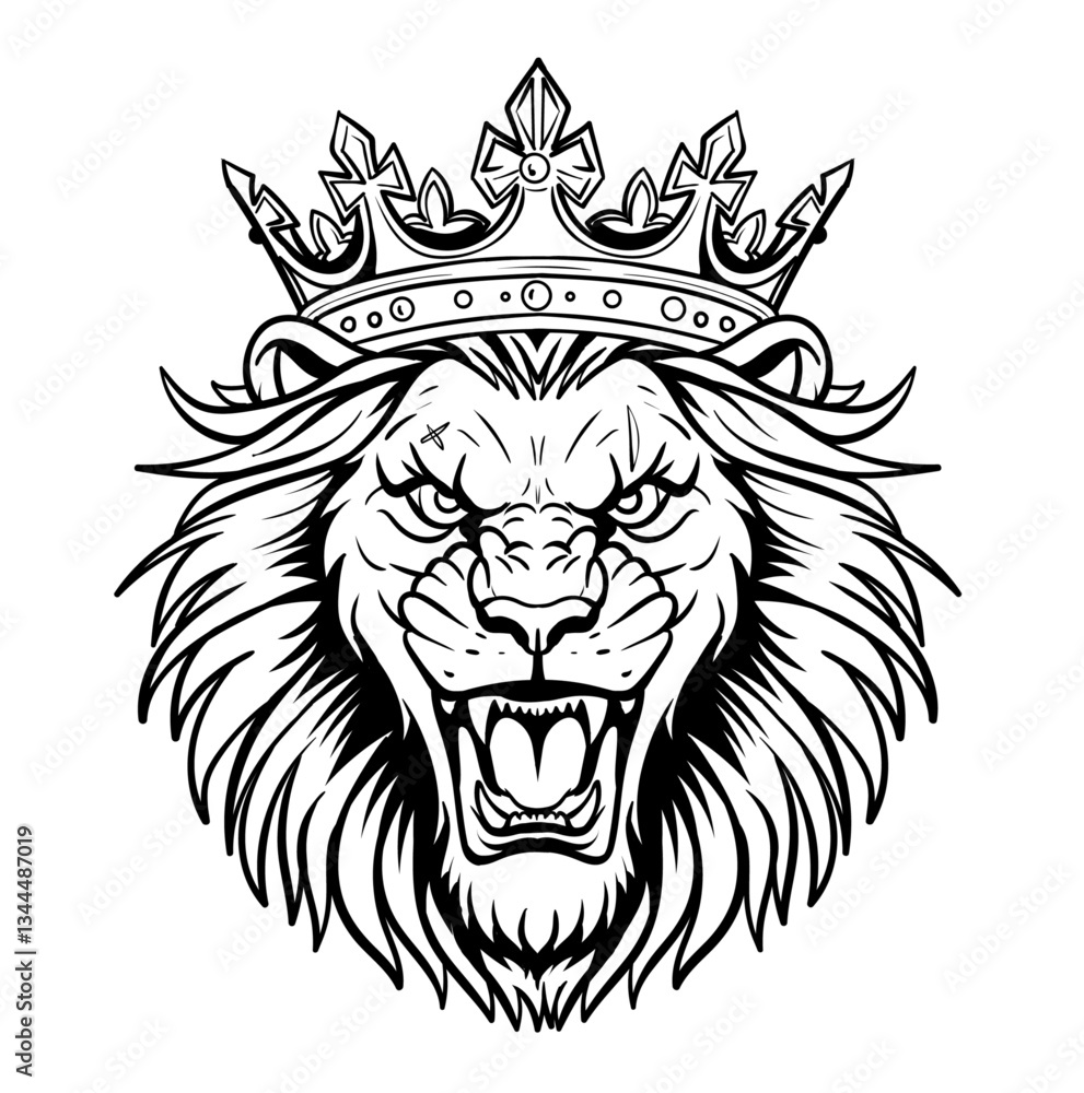 Fototapeta premium Black and white drawing of a lion head with a black mane
