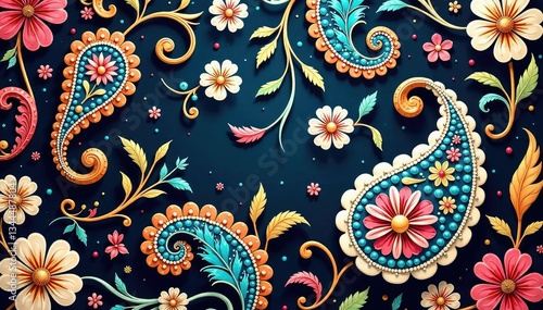 Intricate paisley pattern, swirling vines & floral motifs, floral, curve, brown