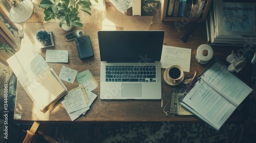 Creative workspace overhead view showcasing laptop, notebooks, and coffee mug arrangement