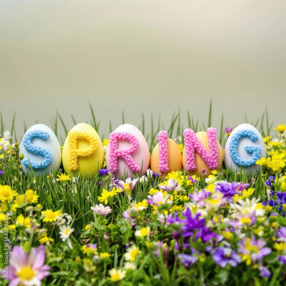 Fototapeta premium A field of flowers with a sign that says Spring