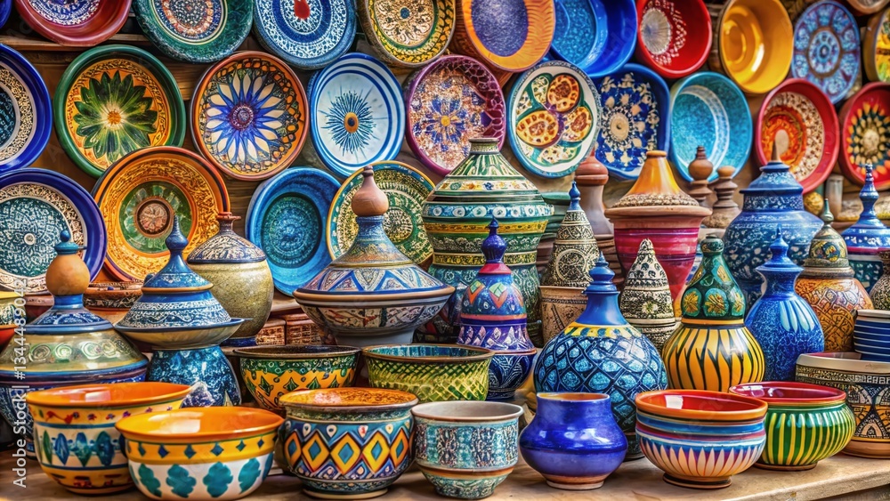 Fototapeta premium Vibrant Tunisian Pottery Collection: Colorful Ceramic Art & Craft