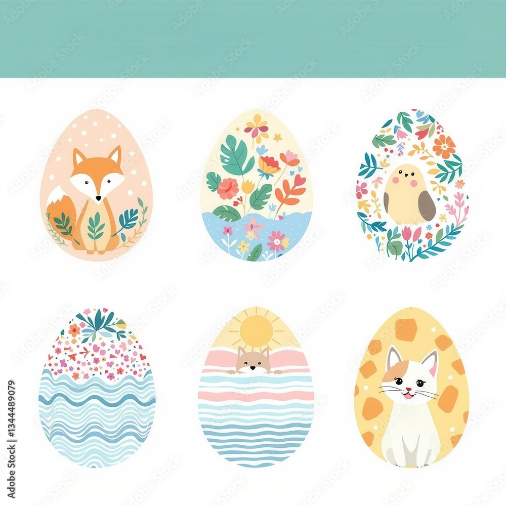 A set of six colorful eggs with different designs, including a fox, a cat A set of six colorful eggs with different designs, including a fox, a cat
