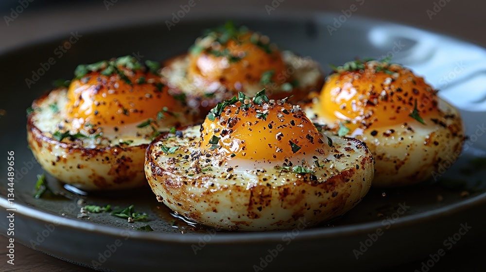 Deliciously cooked eggs with vibrant yolks garnished with herbs on a plate Deliciously cooked eggs with vibrant yolks garnished with herbs on a plate