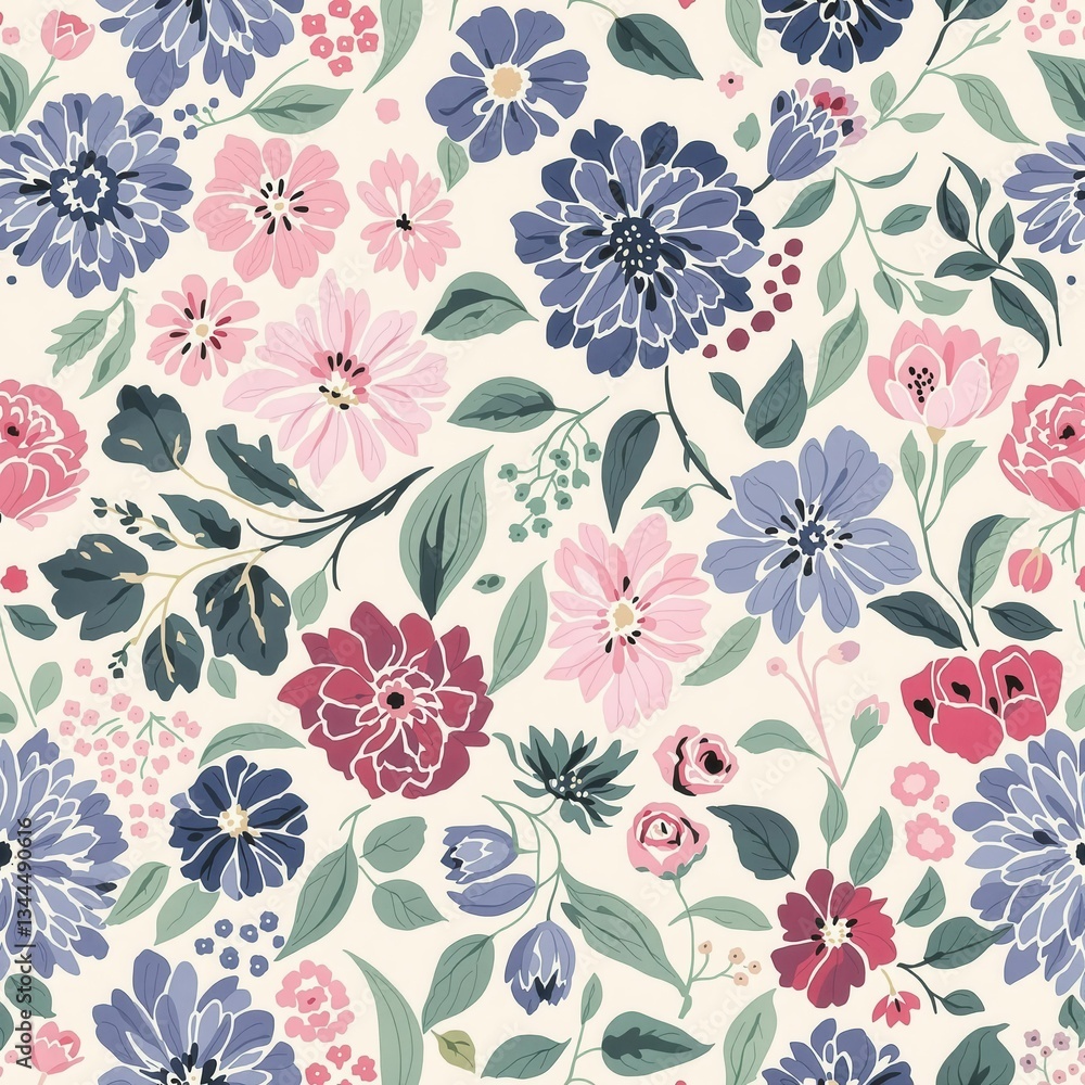 A floral pattern with pink, blue, and white flowers
