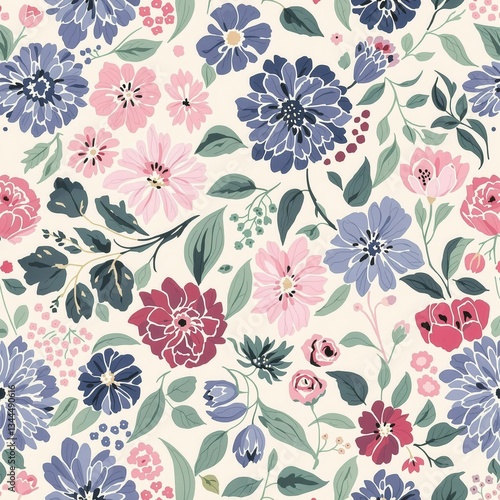 Wallpaper Mural A floral pattern with pink, blue, and white flowers Torontodigital.ca